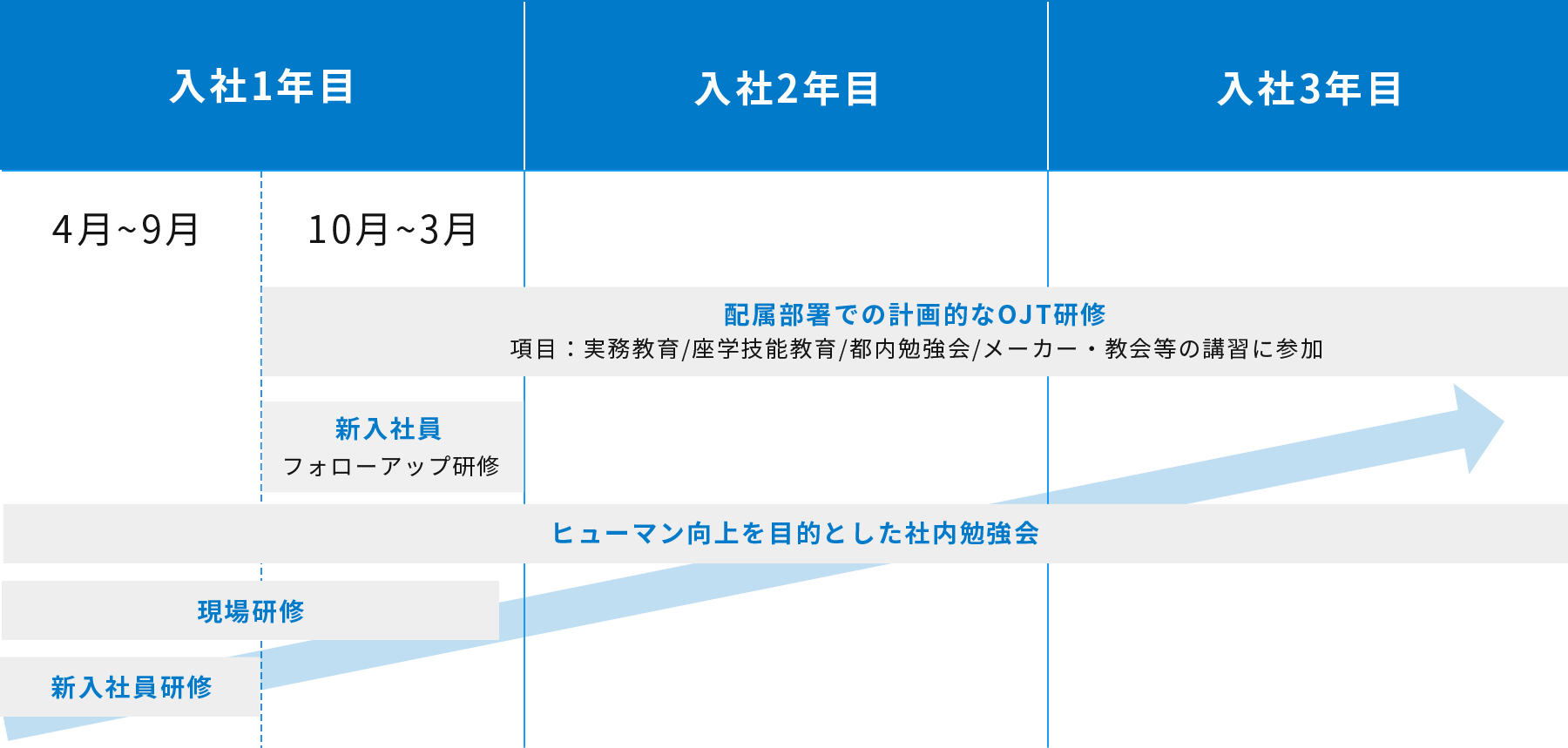 ⼊社から3年⽬までの研修項⽬